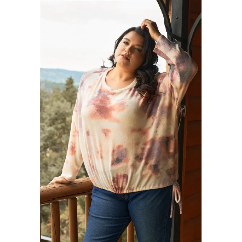 Women's Everyday Attire Plus Cream Rust Bleached Tie-dye Long Sleeve Drawstring Detail Relaxed Sweatshirt