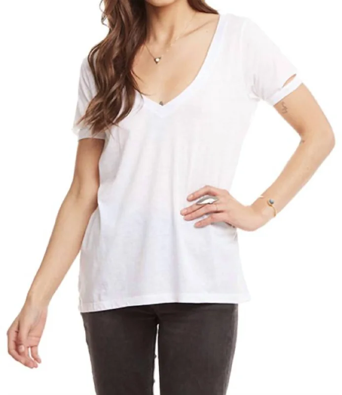 Women's Clothing Outfit Set Vintage Jersey Vented Short Sleeve Deep V Neck Tee In White