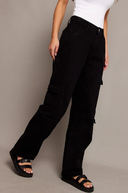 Chic Women's Clothing Online Black Cargo Jean Mid Rise