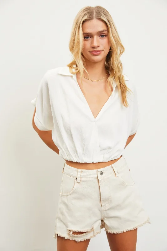 End of Season Sale Off White Collared Surplice Crop Top