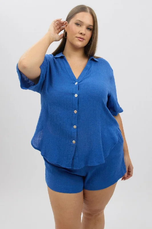 Chic & Cozy Apparel Blue Relaxed Shirt Short Sleeve