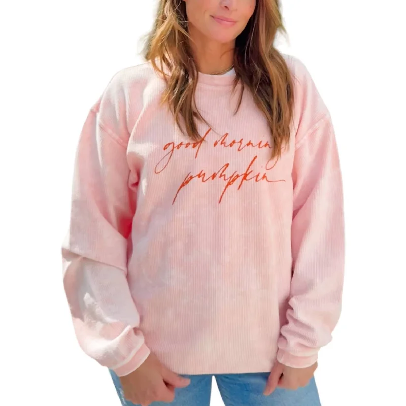 Women's Trendy Attire Good Morning Pumpkin Corded Crew Sweatshirt In Soft Pink