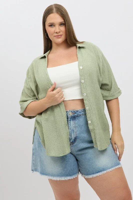 Relaxed Style Green Relaxed Shirt Short Sleeve Textured