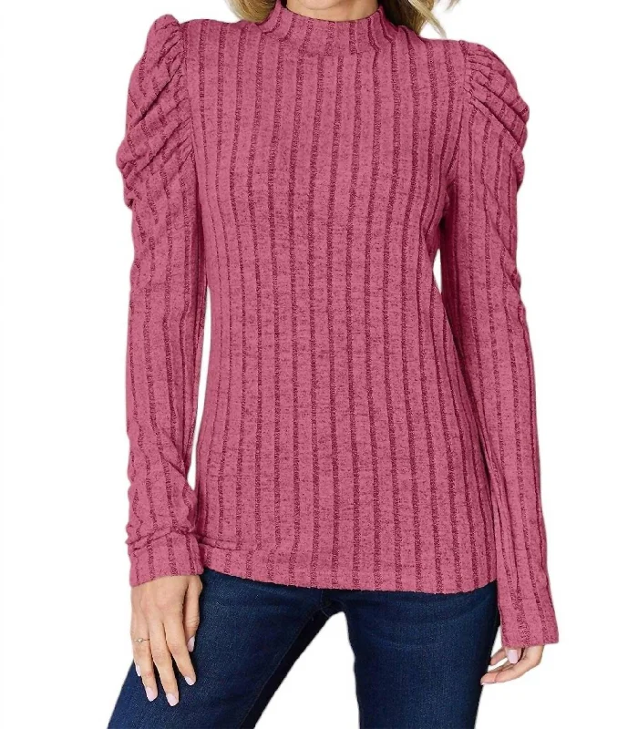 Women's Vacation Outfit Ribbed Mock Neck Top With Puff Sleeves In Fuchsia Pink