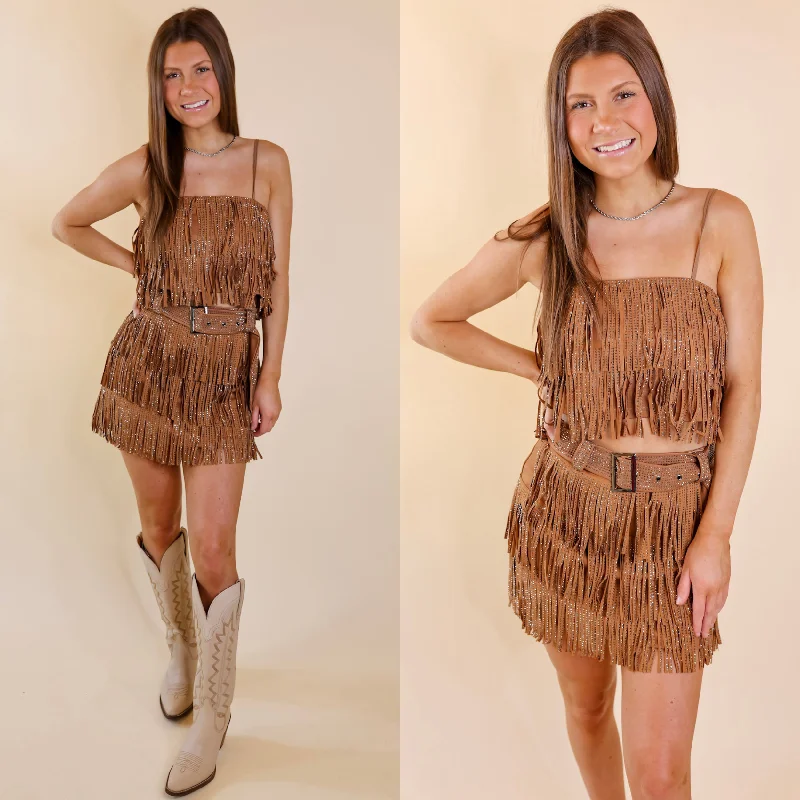 Casual Women's Clothing Online Cowboy Killer Crystal Fringe Crop Top in Camel Brown