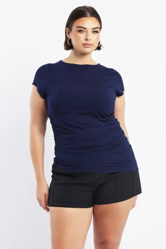 Timeless Elegance Blue Top Short Sleeve Asymmertic Hem