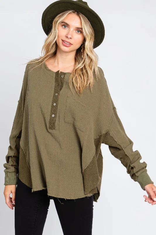 Laid-Back Elegance Olive Front Button Drop Shoulder Long Sleeve Top