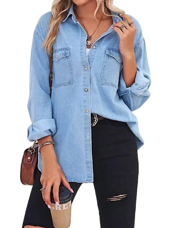 Comfortable Women's Outfits Denim Long Sleeve Top In Light Blue