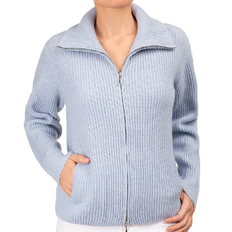 Chic Casual Wardrobe Essentials Cashmere & Wool Rib Zip Cardigan in Sky Blue