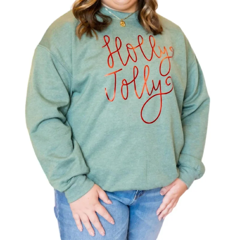 Free Spirited Fashion Metallic Holly Jolly Sweatshirt In Olive Green