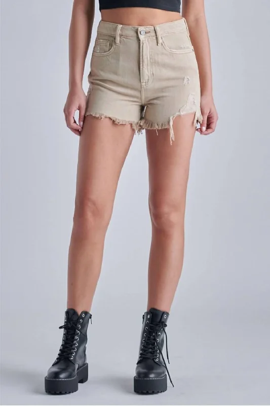 Eclectic Fashion Finn Step Hem High Rise Frayed Short In Khaki