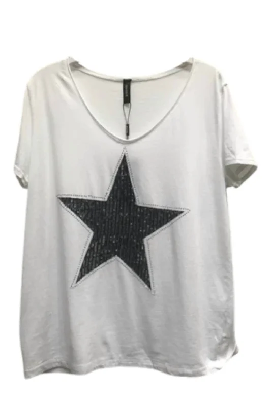 Women's Evening Wear Outfit Two Tone Sequin Star Short Sleeve Tee In White