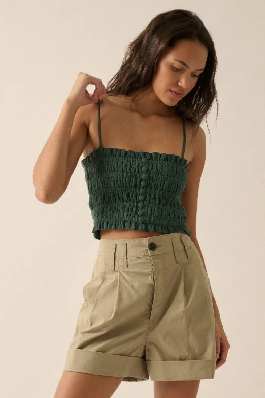 Fashionable Women's Casual Apparel Pine Green Solid Smocked-Bodice Cropped Cami Top