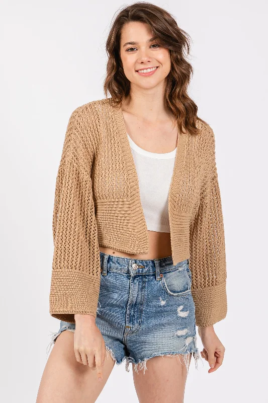 Versatile Outfits Taupe Open Knit Cropped Cardigan