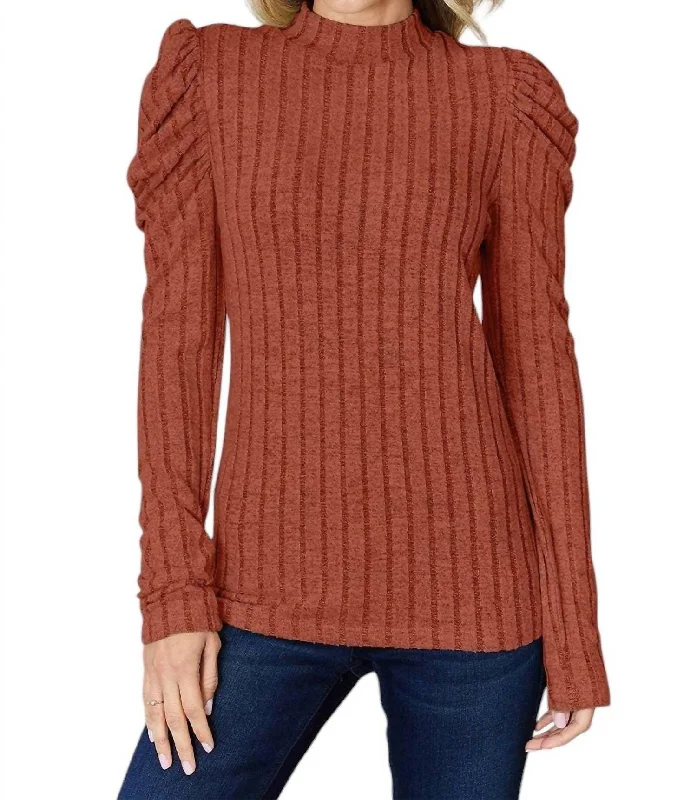 Affordable Women's Outfit Ribbed Mock Neck Top With Puff Sleeves In Brick Red