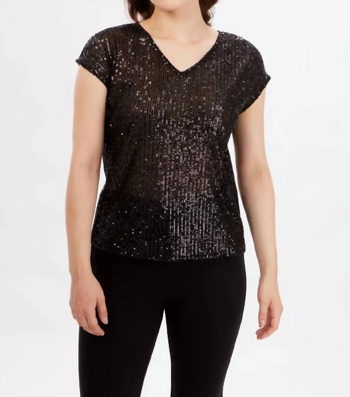 Women's Work Outfit Knit Sequin Short Sleeve Top In Black