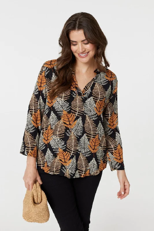 Sophisticated Style Leaf Print Turn-Up Sleeve Blouse