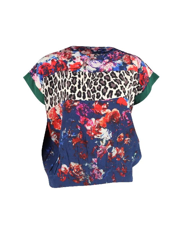 Women's Elegant Evening Outfit MSGM Leopard and Floral-Print Top in Multicolor Silk