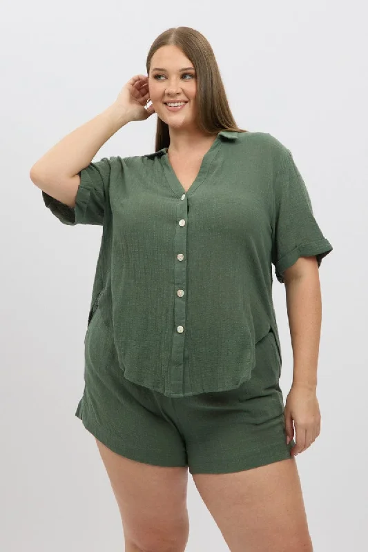 Women's Trendy Clothes Green Relaxed Shirt Short Sleeve