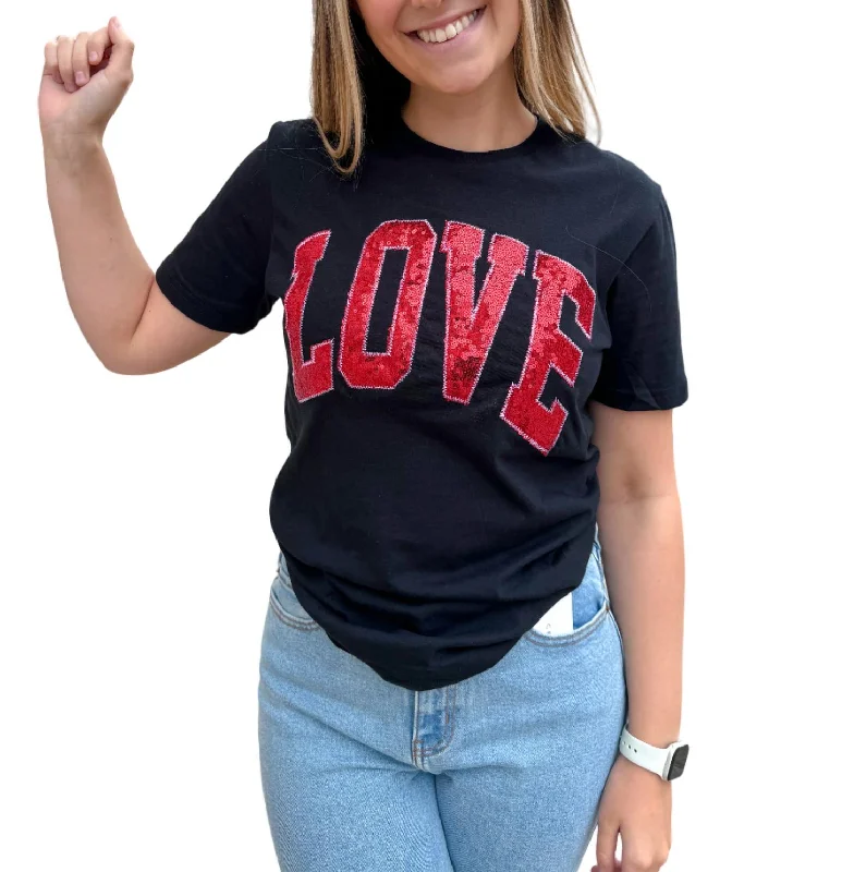 Timeless Women's Fashion Styles Arched Love Short Sleeve Embroidered Patch Tee In Black