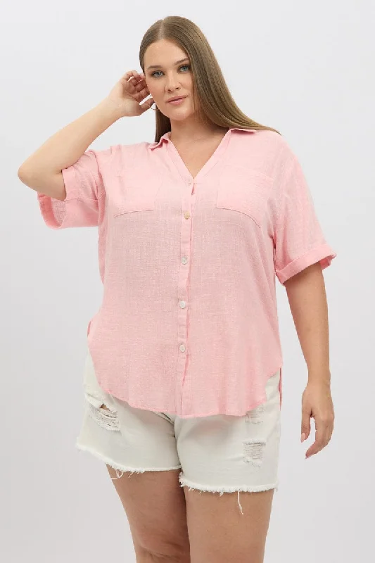 Chic Outfits Pink Relaxed Shirt Short Sleeve Pocket