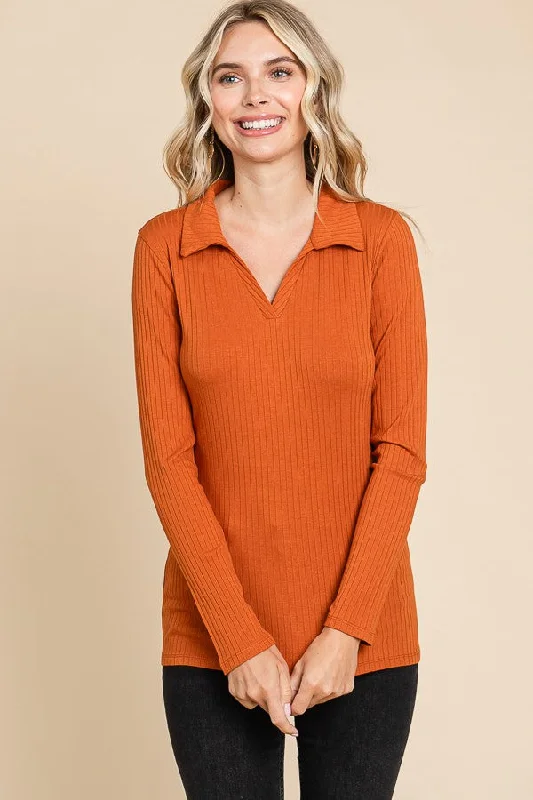 Luxury Fashion Rust Ribbed Collared Long Sleeve Top