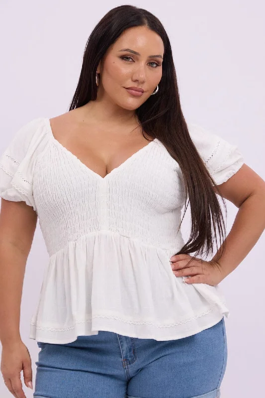 Seasonal Trends White Shirred Smock Top Short Sleeve