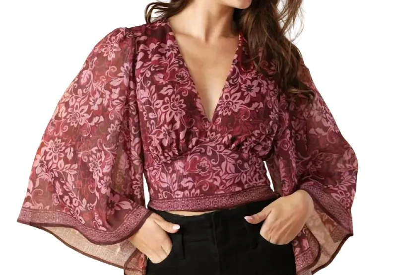 Stylish Women's Attire Kimono Sleeve Plunge Floral Crop Top In Ruby