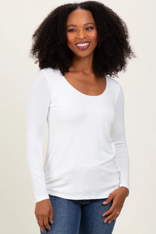 Women's Vintage Garments White Basic Scoop Neck Long Sleeve Top