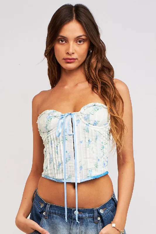 Comfortable Women's Apparel Blue Garden Floral Underwire Corset Back Tie Crop Top