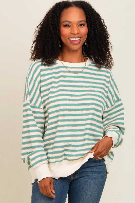 Boutique Styles Light Olive Striped Ruffle Hem Long Sleeve Top