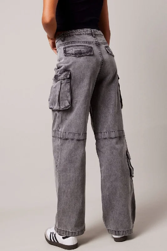 Casual Attire For Women Grey Cargo Jean Out Pocket