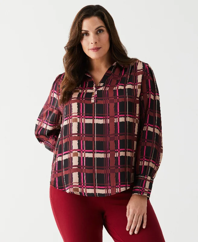 Sale On Clothing Plus Size Plaid Shirred Split Neck Blouse