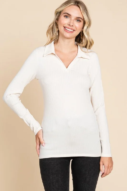 Women's Urban Fashion Cream Ribbed Collared Long Sleeve Top