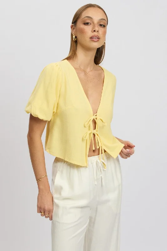 Elegant Styles Yellow Tie Front Top Puff Short Sleeve