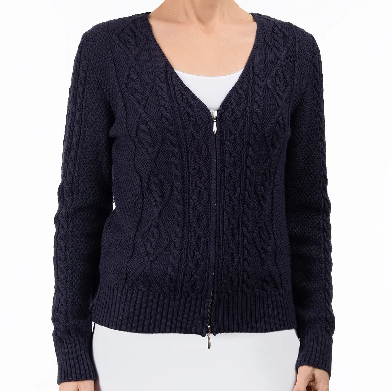 Vintage Women's Fashion Cotton Cable Zip Cardigan in Navy