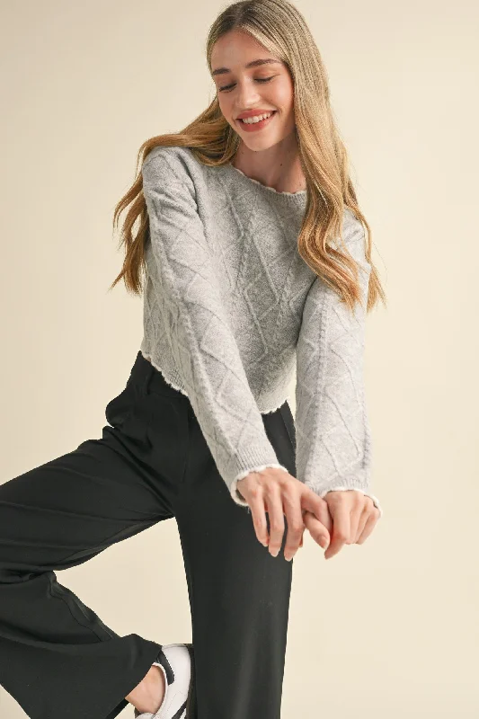 Elegant Fashion Grey Cable Knit Cropped Sweater