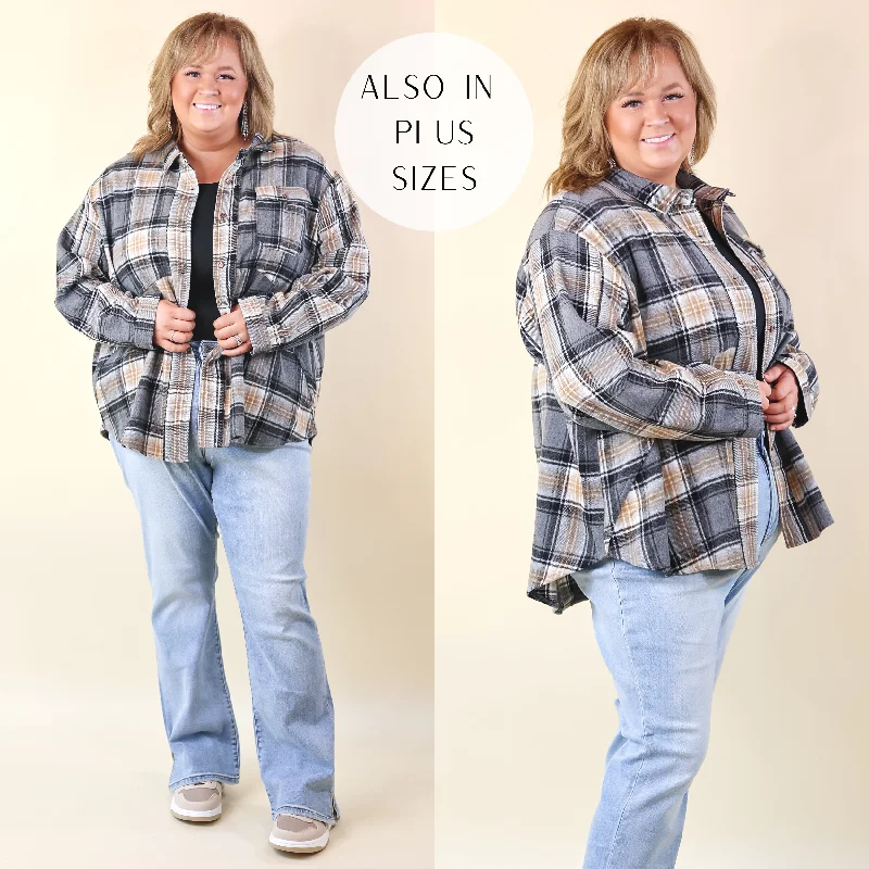 Formal Attire For Women Coffee At Sunrise Button Up Plaid Shacket with Long Sleeves in Grey