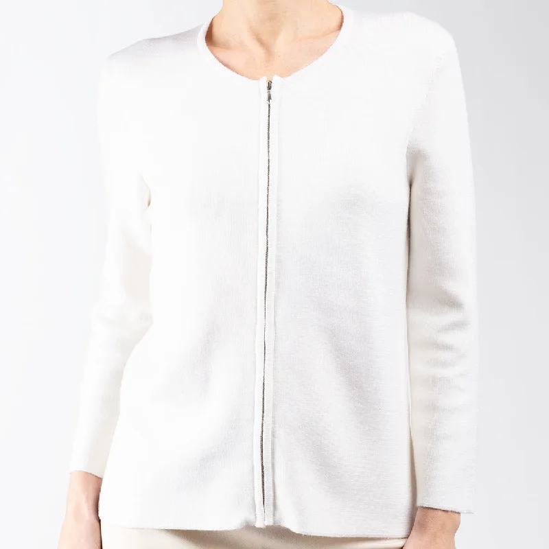 Women's Vacation Outfit Round Neck Zip Cardigan in White