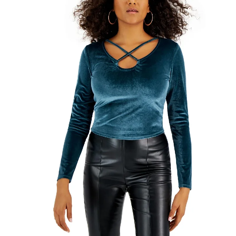 City Fashion Juniors Womens Criss-Cross Front Velvet Pullover Top