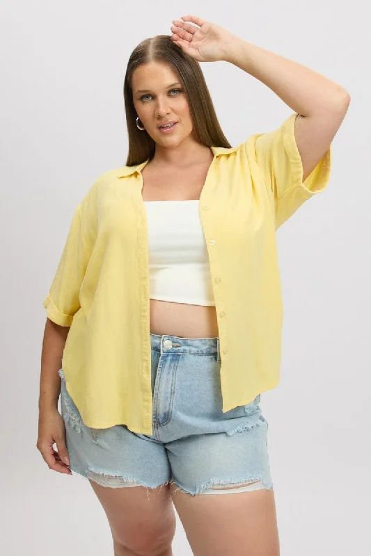 Preppy Style Yellow Relaxed Shirt Short Sleeve Linen Blend