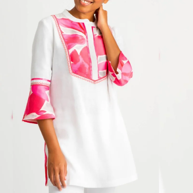 Women's High Street Fashion Paradise Linen Tunic In White With Pink