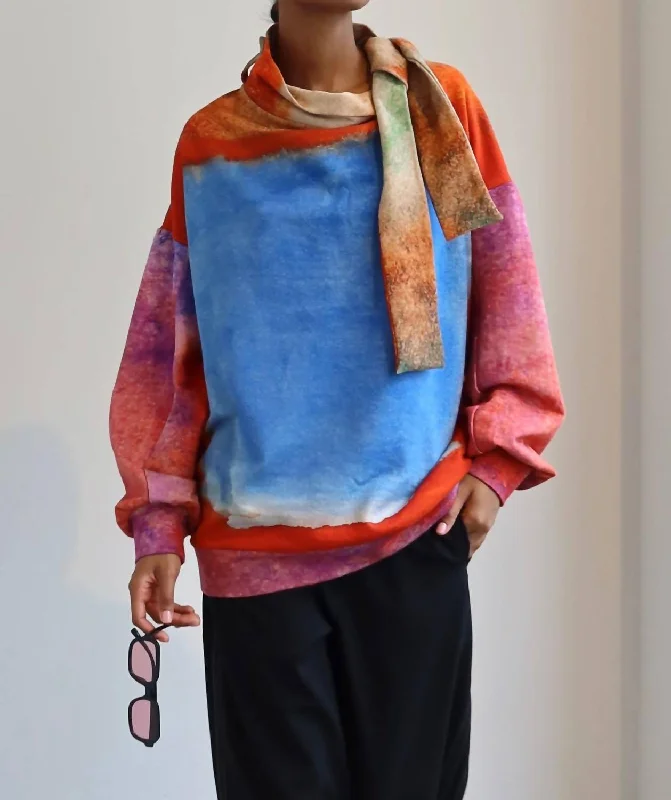 Minimalist Style Watercolor Print Tie Neck Sweatshirt In Multi