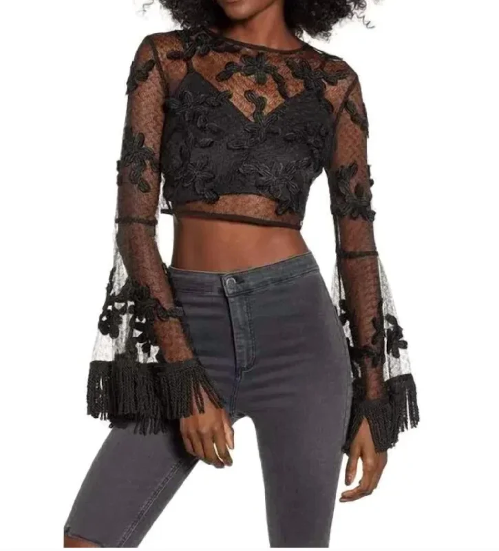 Women's Elegant Formal Outfit Floral Mesh Crop Top In Black