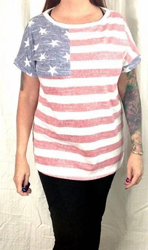 Women's Holiday Outfit 4Th Of July American Flag Print Mixed Round Neck Short Sleeve Top - Made In U.s.a. In Red, White & Blue