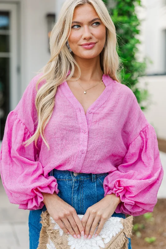 Minimalist Style Now You Know Pink Bubble Sleeve Blouse