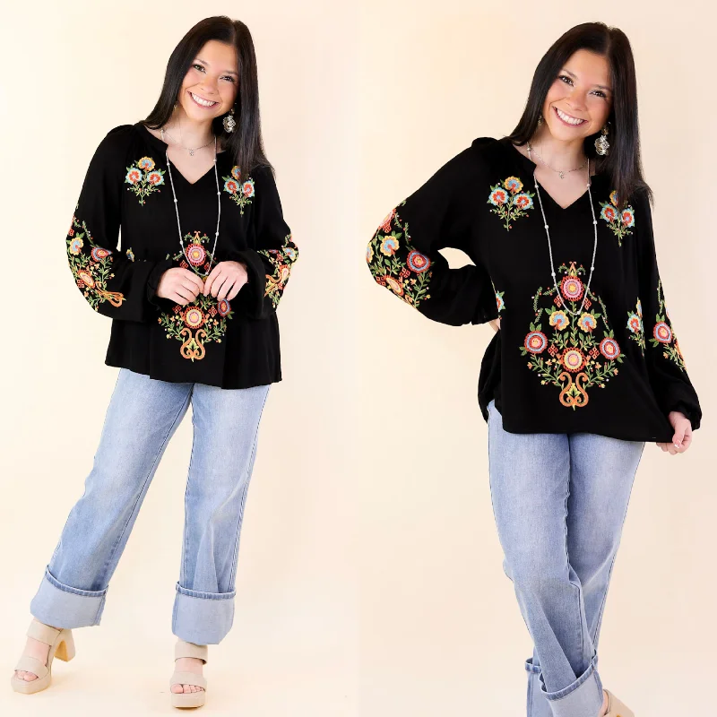 Women's Street Style Casual Wear Dreamy Destination Floral Embroidered Long Sleeve Top in Black