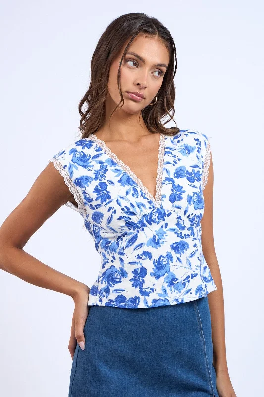 Vintage-Inspired Women's Apparel Blue Navy Floral Plunging V-Neck Open Back Lace Trim Crop Top