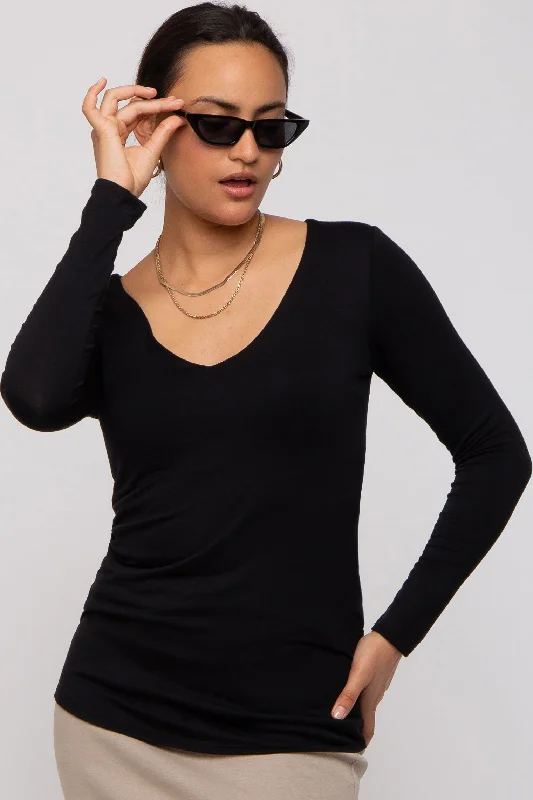 Big Savings Black V-Neck Long Sleeve Top