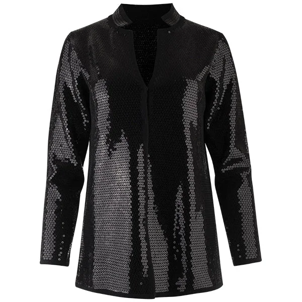 Women's Chic Outerwear Outfit Sequin Inverted Notch Collar Cardigan in Black